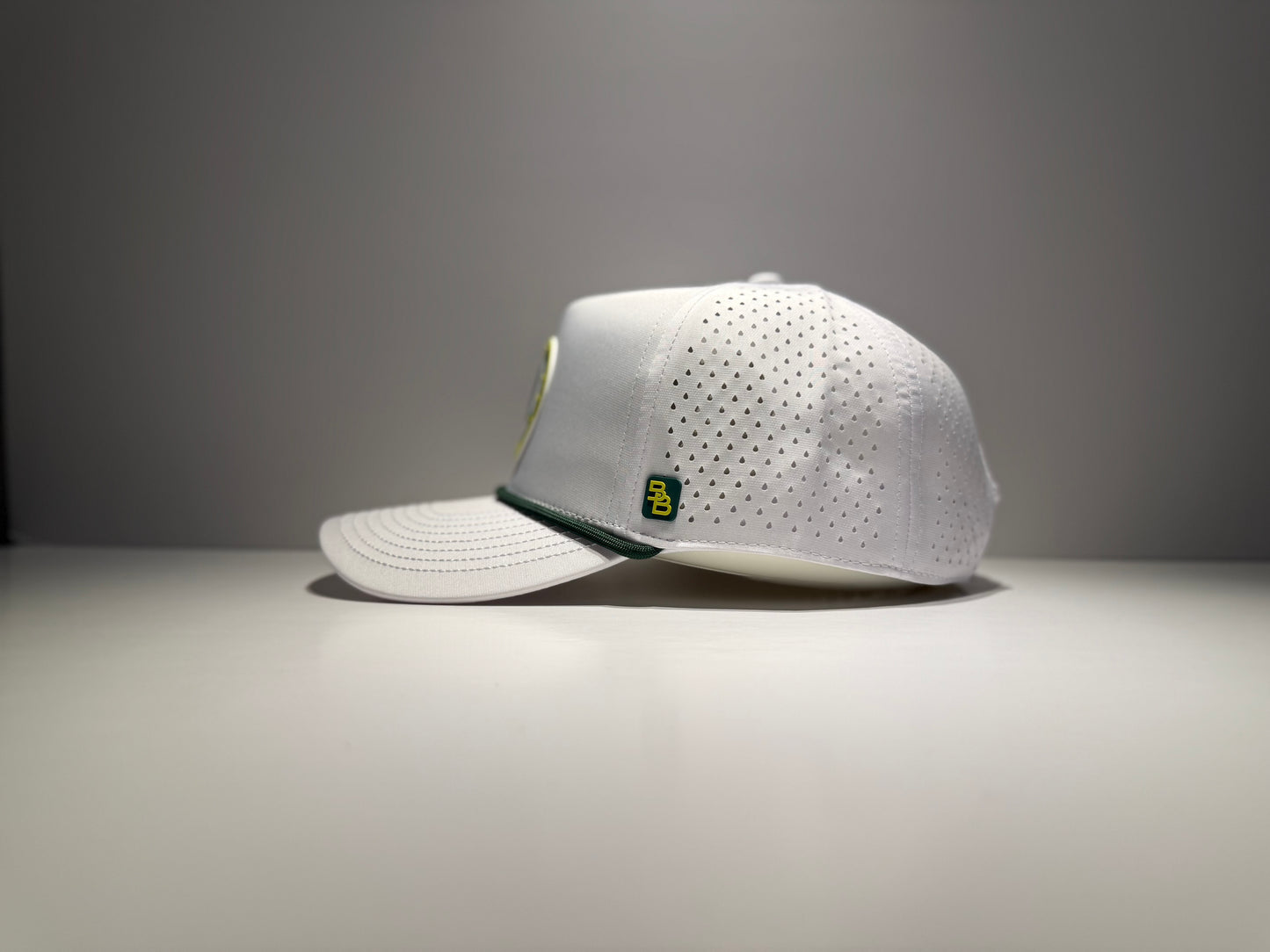"THE BRONCO" • 5 PANEL • SNAPBACK W/ROPE • WHITE/GREEN/YELLOW
