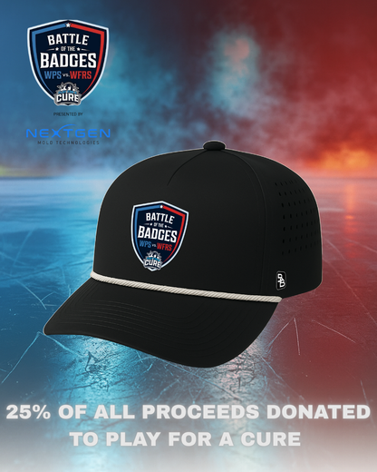 BATTLE OF THE BADGES (SUPPORT CANCER RESEARCH) • 5 PANEL W/ROPE • SNAPBACK • BLACK
