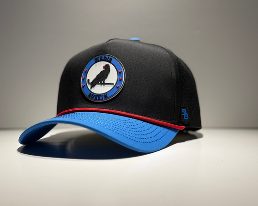 "THE TEE" • 5 PANEL W/ROPE • SNAPBACK • BLACK/BLUE/RED